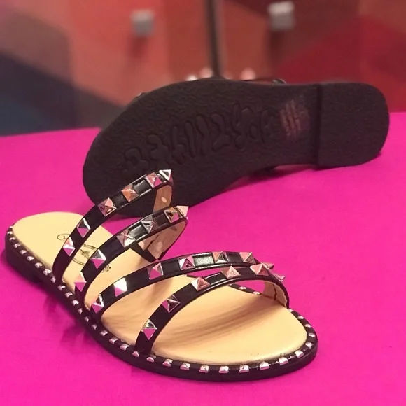 Last Chance! Gold Studded Strappy Black Flat Summer Sandal - Picture 3 of 5